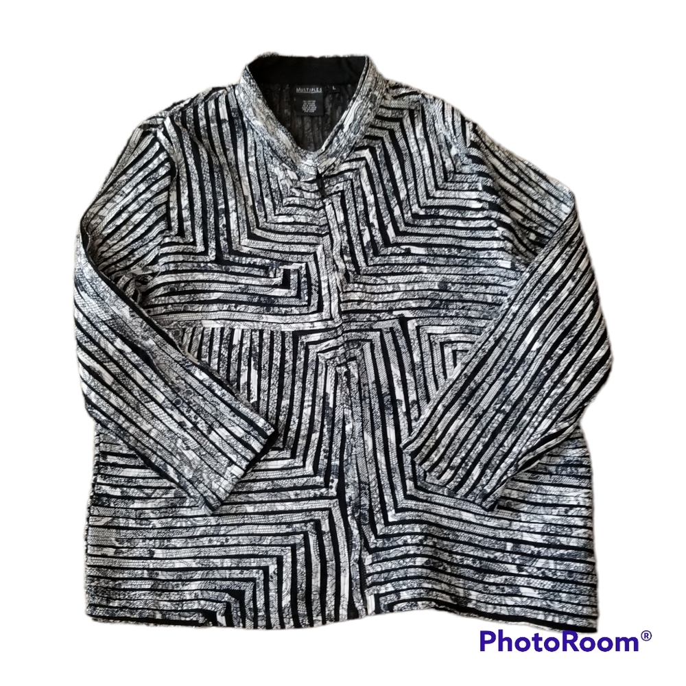 VTG Multiples Black White Band Collar LS Zip Front Blazer Women's Lrg.